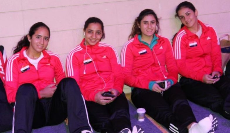 Damen-Team-Weltmeister 2016 Ägypten mit Nouran Gohar, Raneem El Welily, Nour El Sherbini und Omneya Abdel Kawy (Women's World Team Championship 2016, Paris)