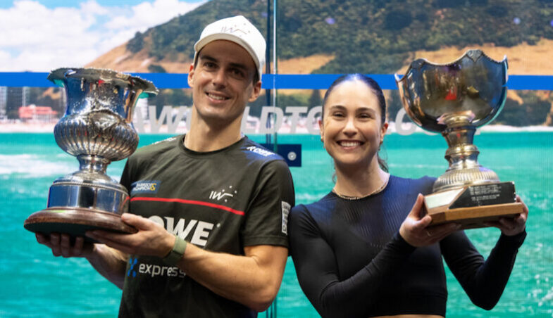 Paul Coll und Nele Gilis mit Sieger-Pokal (New Zealand Open 2023)