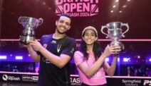 Mostafa Asal und Nouran Gohar mit Pokalen (British Open 2024, Birmingham) trophy_2_bo24_web
